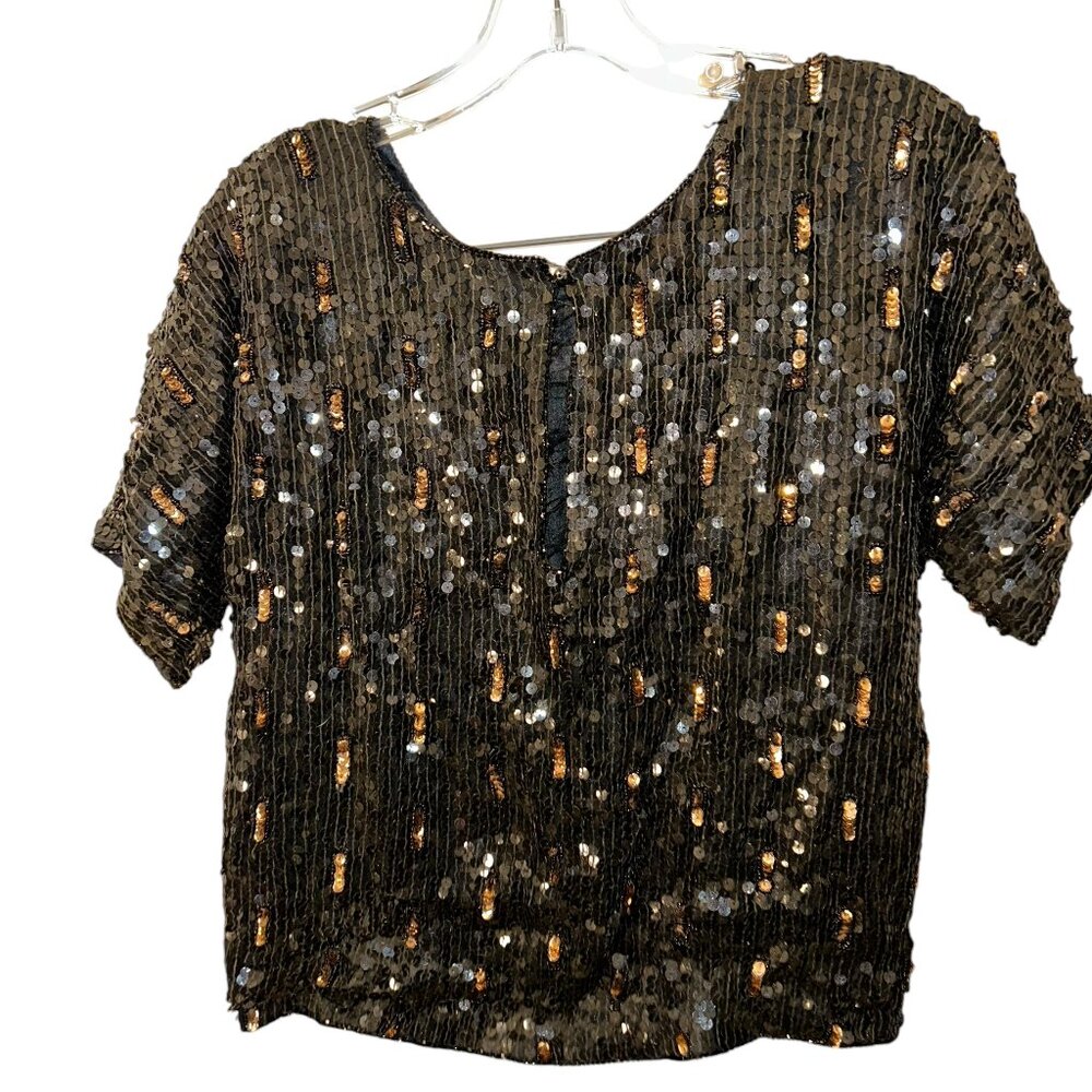 Rina Z Vintage Black 100% SILK Sequins short sleeved Evening Party Weddi…